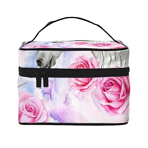 Kosmetiktasche mit geometrischem Muster, Make-up-Tasche, Reise-Kosmetiktaschen für Damen, Kulturbeutel, Einhorn Rosa Rosen weiße Pferde Blumenkranz, Einheitsgröße von TOMPPY