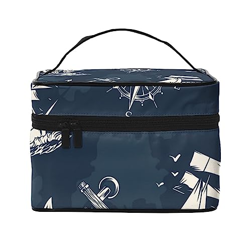 Kosmetiktasche mit nautischen Windrosen, Ankern und Lenkrädern, Make-up-Tasche, Reise-Kosmetiktaschen für Damen, Kulturbeutel, Nautisches Segelschiff Navigationskompass Rad Octopus Hummer Schwertfisch, Einheitsgröße von TOMPPY