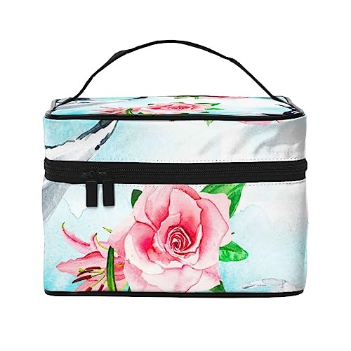 Kosmetiktasche mit niedlichem Hasen-Muster, Make-up-Tasche, Reise-Kosmetiktaschen für Damen, Kulturbeutel, Kraniche und rosa Blumen Muster, Einheitsgröße von TOMPPY