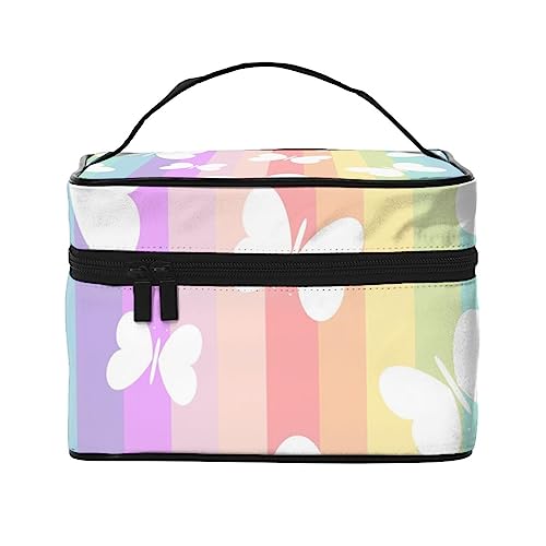 Kosmetiktasche mit niedlicher Helden-Maske, Sternenwolkenmuster, Make-up-Tasche, Reise-Kosmetiktaschen für Damen, Kulturbeutel, Schmetterlinge Silhouette auf Regenbogen Bunte Streifen Schmetterling, Einheitsgröße von TOMPPY