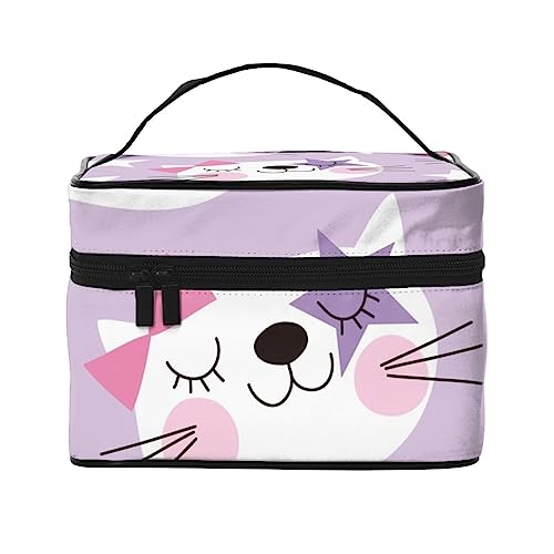 Kosmetiktasche mit rotem Lippenstift, Make-up-Tasche, Reise-Kosmetiktaschen für Damen, Kulturbeutel, Lila Weiß Katze Muster, Einheitsgröße von TOMPPY