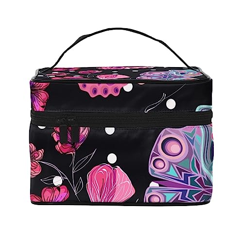 Kosmetiktasche mit rotem Lippenstift, Make-up-Tasche, Reise-Kosmetiktaschen für Damen, Kulturbeutel, Rosa Blume und Schmetterlinge, Einheitsgröße von TOMPPY