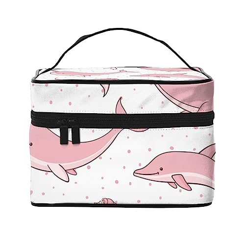 Kosmetiktasche mit rotem Lippenstift, Make-up-Tasche, Reise-Kosmetiktaschen für Damen, Kulturbeutel, Rosa Wale Meerjungfrauen Narwale und Delfine, Einheitsgröße von TOMPPY