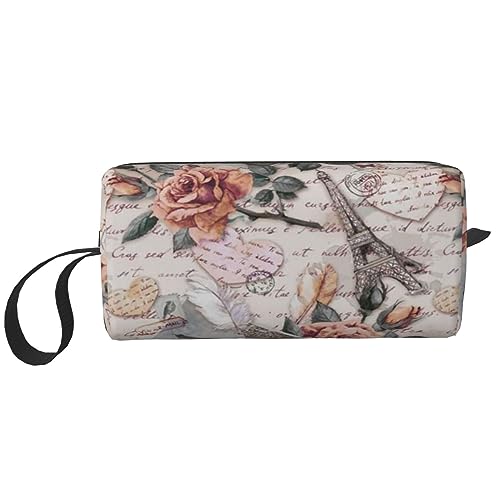 Make-up-Tasche für Damen, Blume, Paris, Eiffelturm, bedruckt, große Kapazität, Kosmetiktaschen, tragbare Kulturtasche, Reise-Aufbewahrung, weiß, Einheitsgröße, weiß, Einheitsgröße von TOMPPY