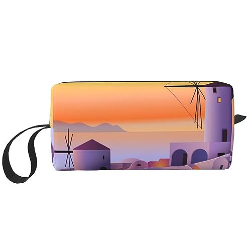 Make-up-Tasche für Damen, Griechenland, Insel, Sonnenuntergang, Landschaft, bedruckt, große Kapazität, Kosmetiktaschen, tragbare Kulturtasche, Reise-Aufbewahrung, weiß, Einheitsgröße, weiß, von TOMPPY