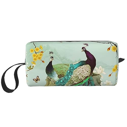 Make-up-Tasche für Damen, Pfauen-Blumenmuster, große Kapazität, Kosmetiktaschen, tragbare Kulturtasche, Reise-Aufbewahrung, weiß, Einheitsgröße von TOMPPY