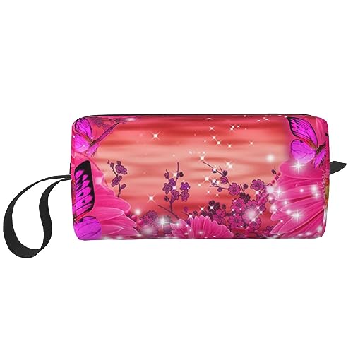 Make-up-Tasche für Damen, rosa Blume, lila, Schmetterling, bedruckt, große Kapazität, Kosmetiktaschen, tragbare Kulturtasche, Reise-Aufbewahrung, weiß, Einheitsgröße, weiß, Einheitsgröße von TOMPPY