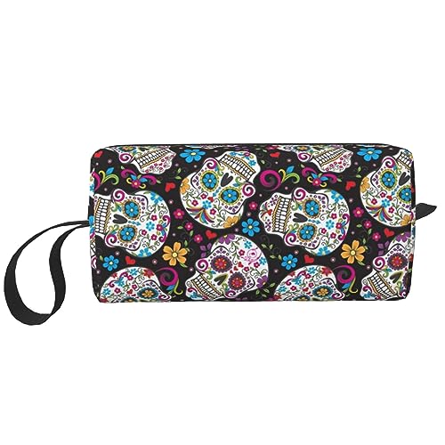 Make-up-Tasche für Frauen, Blume, Zuckerschädel, bedruckt, große Kapazität, Kosmetiktaschen, tragbare Kulturtasche, Reise-Aufbewahrung, weiß, Einheitsgröße von TOMPPY