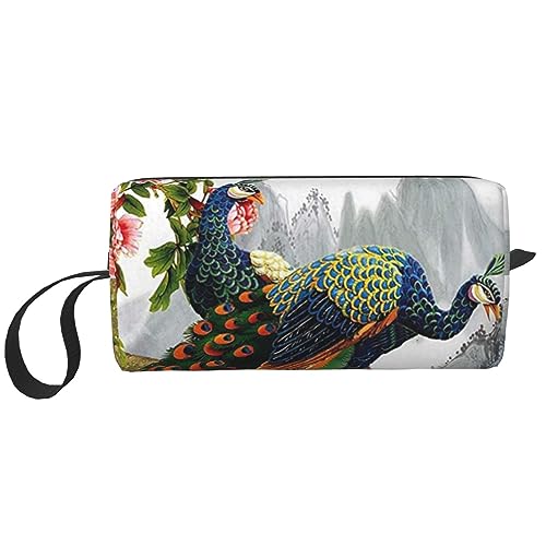 Make-up-Tasche für Frauen, Pfau, Pfau, Tinte, Zeichnung, bedruckt, große Kapazität, Kosmetiktaschen, tragbare Kulturtasche, Reise-Aufbewahrung, weiß, Einheitsgröße von TOMPPY