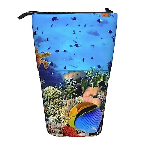 Sea Turtle Reef Fish Printed Pencil Case Stand Up Pencil Pouch Telescopic Pencil Holder Case Stationery Organizer Makeup Bag with Zipper Closure, Schwarz , Einheitsgröße, Taschen-Organizer von TOMPPY