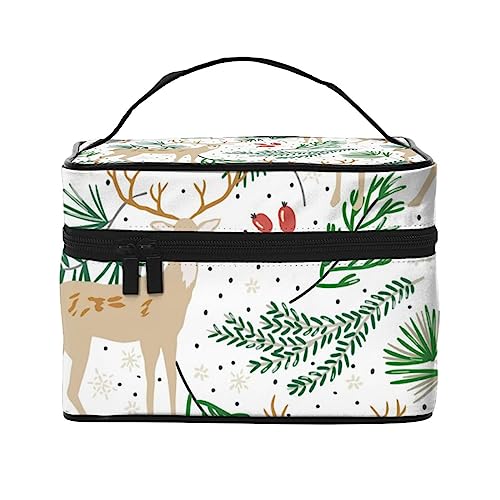 Nette Weihnachtsmann Weihnachten Muster Kosmetiktasche Make-up Tasche Reise Kosmetiktaschen für Frauen Kulturbeutel, Weihnachten Wald Hirsch Tiere Stechpalme Kiefer Zweige Beeren Schnee, Einheitsgröße von TOMPPY