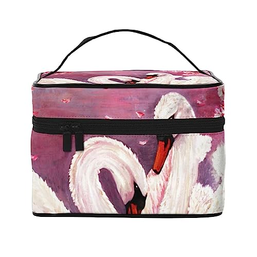 Ölgemälde Street View Kosmetiktasche Make-up Tasche Reise Kosmetiktaschen für Frauen Kulturbeutel, Ölgemälde Schwan Rosa Blumen, Einheitsgröße von TOMPPY