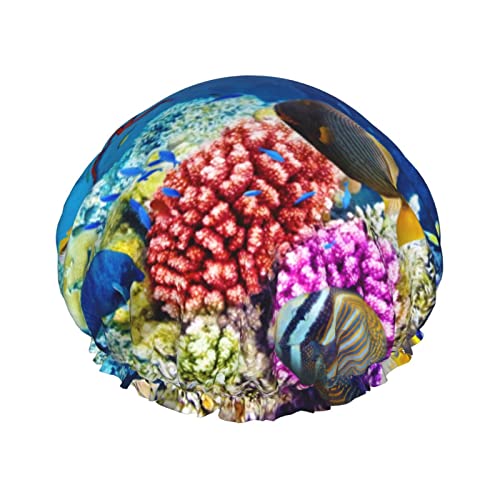 Ocean Tropical Fish Coral Bedruckte Duschhaube Wasserdicht Wiederverwendbare Elastische Badekappe Doppelschicht Verstellbares Gummiband Bad Haarkappe Für Frauen Herren Spa Salon von TOMPPY