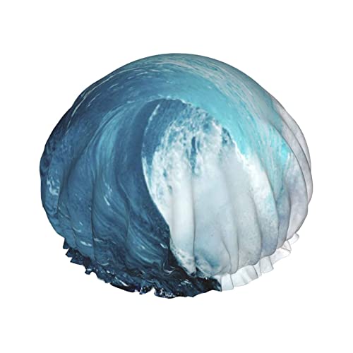 Ocean Waves bedruckte Duschkappe, wasserdicht, wiederverwendbar, elastisch, doppellagig, verstellbar, elastisches Band, Badekappe für Damen, Herren, Spa, Salon von TOMPPY