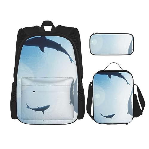 Ozean-Tier-Hai-bedruckter lässiger Rucksack mit Lunchbox, Federmäppchen, Laptop-Rucksack, Reiserucksack, Schwarz , Einheitsgröße von TOMPPY