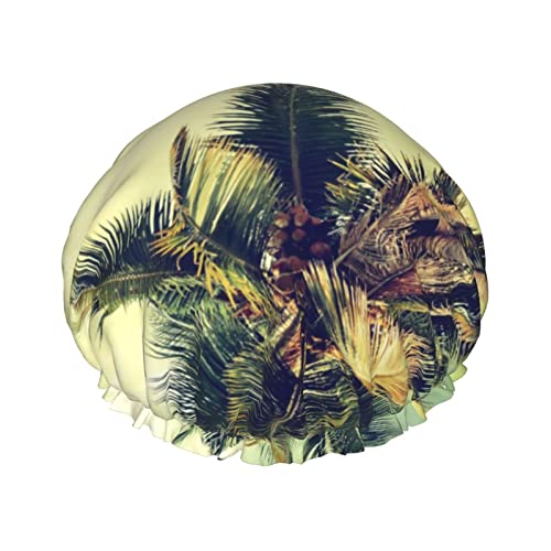 Palm Tree Rocky Shore bedruckte Duschkappe, wasserdicht, wiederverwendbar, elastisch, doppellagig, verstellbar, elastisches Band, Badehaube, Haarkappe für Damen, Herren, Spa, Salon von TOMPPY