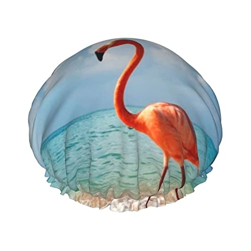 Pink Flamingo Walking On The Beach bedruckte Duschhaube Wasserdicht Wiederverwendbar Elastische Badekappe Doppelschicht Verstellbares Gummiband Badehaarkappe für Frauen Herren Spa Salon von TOMPPY