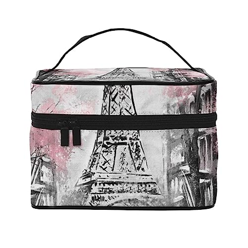 Pink Paris Elements Kosmetiktasche Make-up Tasche Reise Kosmetiktaschen für Frauen Kulturbeutel, Paris Eiffelturm Paar Regenschirm auf Straße Ölgemälde, Einheitsgröße von TOMPPY