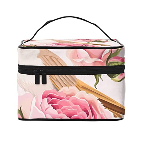 Pizza on Stripes Kosmetiktasche Make-up-Tasche Reise Kosmetiktaschen für Frauen Kulturbeutel, Rosa Romantische Blumen und Vögel, Einheitsgröße von TOMPPY