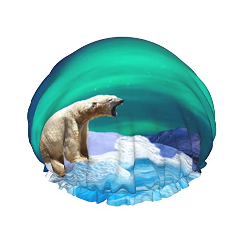 Polar Bears Northern Lights Bedruckte Duschhaube Wasserdicht Wiederverwendbar Elastische Badekappe Doppelschicht Verstellbares Gummiband Badehaarkappe Für Frauen Herren Spa Salon von TOMPPY