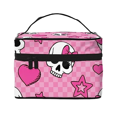 Rosa Lotus Kosmetiktasche Make-up Tasche Reise Kosmetiktaschen für Frauen Kulturbeutel, Rosa Bowknot Love Herz mit Totenkopf, Einheitsgröße von TOMPPY