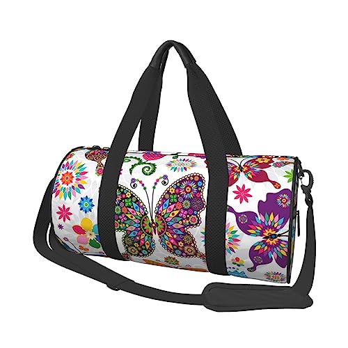 Spring Floral Butterfly Printed Sports Duffel Bag Gym Tote Bag Weekender Travel Bag Sports Gym Bag For Workout Overnight Travel Luggage Women Men, Black, One Size, Schwarz , Einheitsgröße von TOMPPY