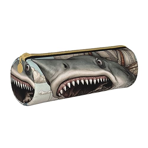 TOMPPY Cartoon Fisch Essen Schiff Im Ozean Meer Gedruckt Bleistift Fall Leder Bleistift Beutel Tragbare Schreibwaren Organizer Bleistift Halter Make-up Tasche Mit Reißverschluss Schließung, weiß, von TOMPPY