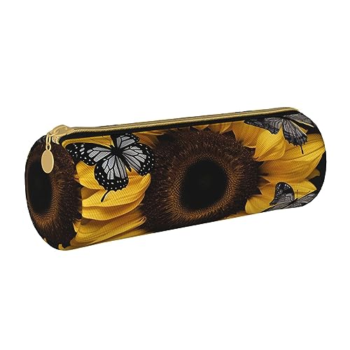 TOMPPY Federmäppchen aus Leder, Motiv: Schmetterling und Sonnenblume, tragbar, für Schreibwaren, Organizer, Make-up-Tasche mit Reißverschluss, weiß, Einheitsgröße, Make-up-Tasche von TOMPPY