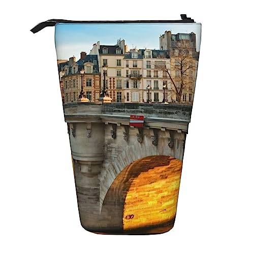 TOMPPY Federmappe mit Motiv Pont Neuf Paris, Motiv: Landschaft Pont Neuf Paris, aufstehend, Teleskop-Bleistift-Halter-Etui, Schreibwaren-Organizer, Make-up-Tasche mit Reißverschluss, Schwarz , von TOMPPY