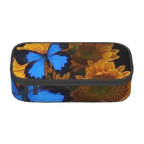 TOMPPY Gelbe Sonnenblumen Mit Blauen Schmetterlingen Gedruckt Bleistift Fall Große Kapazität Bleistift Tasche Tragbare Bleistift Tasche Büro Schreibwaren Organizer, blau, Einheitsgröße, Tragbar, von TOMPPY