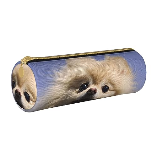 TOMPPY Happy Pomeranian Bedrucktes Federmäppchen Leder Federmäppchen Tragbare Schreibwaren Organizer Bleistifthalter Make-up-Tasche mit Reißverschluss, weiß, Einheitsgröße, Make-up-Tasche von TOMPPY