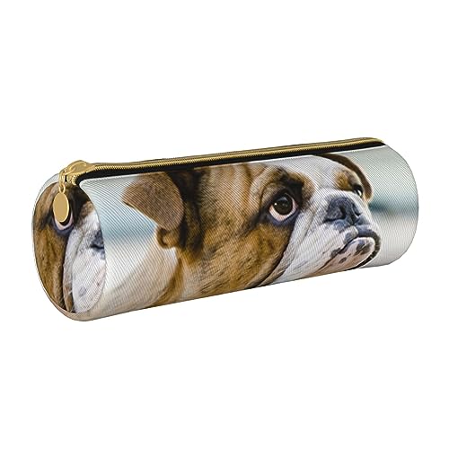 TOMPPY Lustiges Federmäppchen aus Leder, Motiv: Englische Bulldogge, tragbar, für Schreibwaren, Organizer, Make-up-Tasche mit Reißverschluss, weiß, Einheitsgröße, Make-up-Tasche von TOMPPY