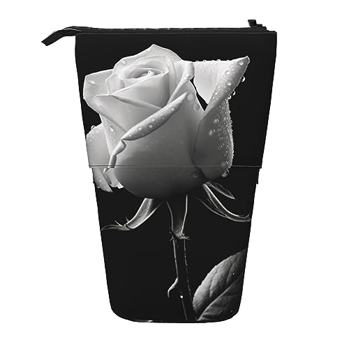 TOMPPY Monochrome Rose Gedruckt Bleistift Fall Stehen Bis Bleistift Beutel Teleskop Bleistift Halter Fall Schreibwaren Organizer Make-up Tasche Mit Reißverschluss Schließung, Monochrome Rose, von TOMPPY