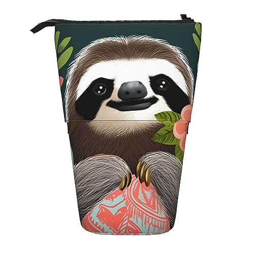 TOMPPY Niedliches Faultier bedrucktes Federmäppchen Teleskop-Bleistiftbeutel Stehender Stifthalter Schreibwaren Organisieren Federmäppchen mit Reißverschluss, Schwarz , Einheitsgröße, Make-up-Tasche von TOMPPY