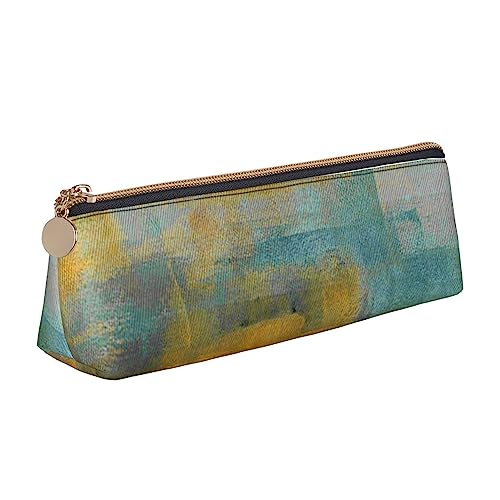 TOMPPY Ocean Sunset Bedrucktes Federmäppchen Leder Federmäppchen Tragbare Schreibwaren Organizer Bleistifthalter Make-up-Tasche mit Reißverschluss, Abstrakte Kunstmalerei in Grau und Gelb, von TOMPPY