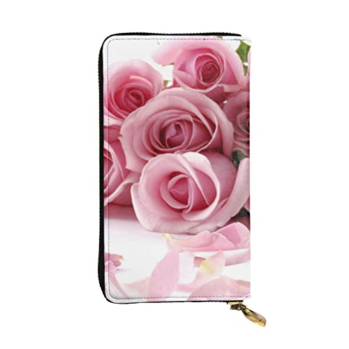 TOMPPY Pink Rose bedruckte Damen lange Geldbörse mit Reißverschluss rund um Geldbörse Clutch Geldbörse Kartenhalter Organizer, Schwarz , Einheitsgröße von TOMPPY