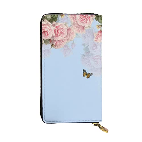 TOMPPY Pinke Rose Schmetterling bedruckte Damen lange Geldbörse mit Reißverschluss rund um Geldbörse Clutch Geldbörse Kartenhalter Organizer, Schwarz , Einheitsgröße von TOMPPY