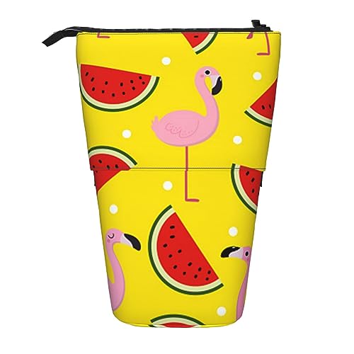 TOMPPY Rosa Flamingo und Wassermelone gedruckt Bleistift Fall Teleskop Bleistift Tasche Stehen Stifthalter Schreibwaren Organisieren Bleistift Tasche Mit Reißverschluss, Schwarz , Einheitsgröße von TOMPPY