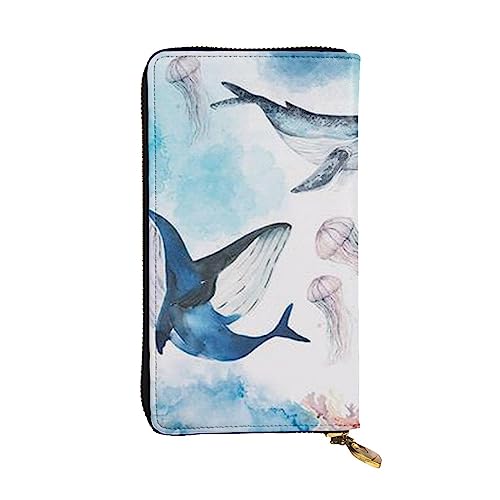 TOMPPY Sea Whale and Jellyfish bedruckte Damen lange Geldbörse mit Reißverschluss rund um Geldbörse Clutch Kartenhalter Organizer, Schwarz , Einheitsgröße von TOMPPY