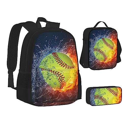 TOMPPY Softball-bedruckte Büchertasche mit Lunchtasche und Federmäppchen für Elementar, 3-teiliges Rucksack-Set, Schwarz , Einheitsgröße, Schulranzen-Set von TOMPPY