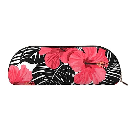 TOMPPY Tropische Blätter gedruckt Bleistift Tasche mit Reißverschluss, PVC Bleistift Fall Bleistift Tasche Kosmetiktasche Schreibwaren Beutel, Roter Hibiskus, Einheitsgröße, Schulranzen von TOMPPY