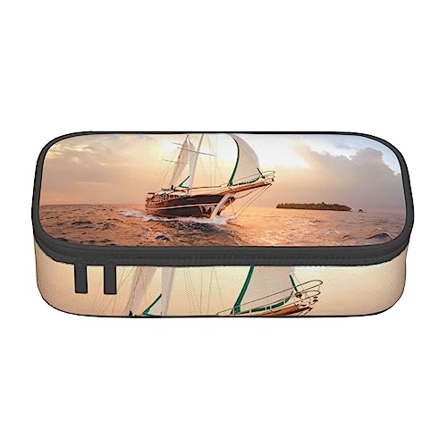 TOMPPY Weißes Segelschiff bei Sonnenuntergang Bedrucktes Federmäppchen Große Kapazität Bleistift Tasche Tragbare Bleistift Tasche Büro Schreibwaren Organizer, weiß, Einheitsgröße, Tragbar, einfach, von TOMPPY