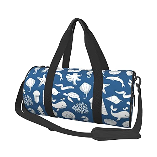 Underwater Marine Life Printed Sports Duffel Bag Gym Tote Bag Weekender Travel Bag Sports Gym Bag For Workout Overnight Travel Luggage Women Men, Black, One Size, Schwarz , Einheitsgröße von TOMPPY