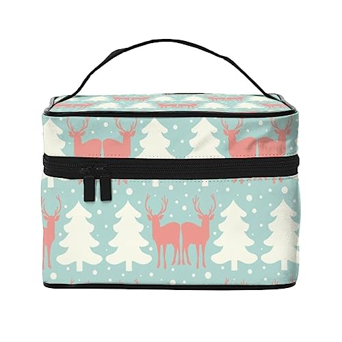 Weiße Hirsch-Silhouetten Weihnachten Hirsch Rudolph Kosmetiktasche Make-up Tasche Reise Kosmetiktaschen für Frauen Kulturbeutel, Rentier- und Kiefernbaum-Muster, Einheitsgröße von TOMPPY