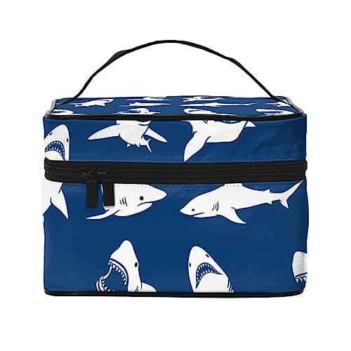 Wild Life Kosmetiktasche mit Tiermuster, Make-up-Tasche, Reise-Kosmetiktaschen für Damen, Kulturbeutel, Weiße Haie Muster auf blauem Hintergrund, Einheitsgröße von TOMPPY