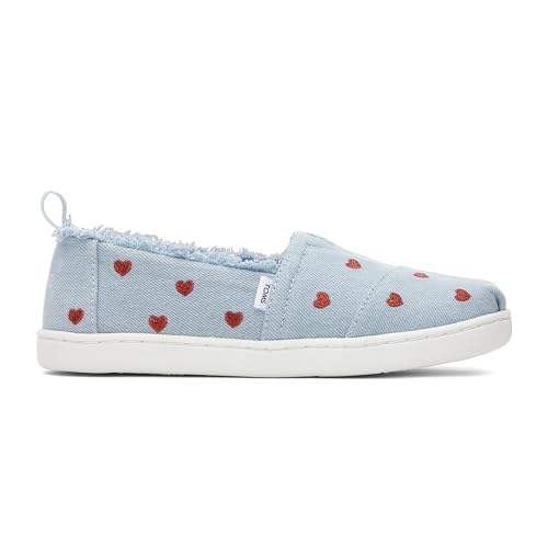 TOMS Tiny Girl's Classic Alpargata Espadrille Loafer Flat, Pastel Blue Washed Denim/Metallic Embroidered Hearts, 3 UK von TOMS