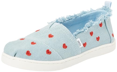 TOMS Tiny Girl's Classic Alpargata Espadrille Loafer Flat, Pastel Blue Washed Denim/Metallic Embroidered Hearts, 5 UK von TOMS