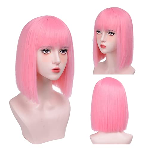 TOMYEUS Haarteile Perücken mit Pony for Schwarze Frauen rosa schwarz for Cosplay -Perücken Hitze Perücken (Color : 01, Stretched Length : 12inches) von TOMYEUS