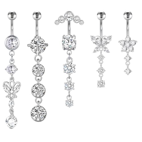 TONAUP 5 Stück Hängendes Bauchnabelpiercing, Bauchnabel Schmuck Damen Silber, Belly Button Ring, Wasserfestes Lang Belly Piercing Set von TONAUP