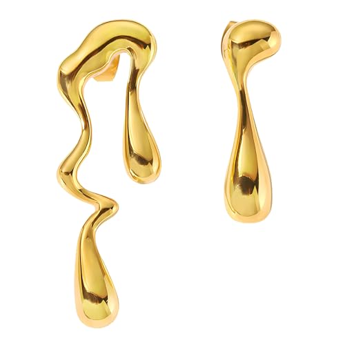 TONAUP Chunky Gold Ohrringe Dupes für Damen, Asymmetrische Lava Tropf Ohrringe Mit 2 Stuck Piercing Pistole, Übertriebene Mode Vergoldete Ohrringe Modeschmuck für Frauen und Mädchen von TONAUP